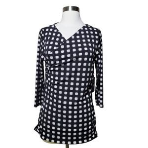 Vince Camuto Women Black White Faux Wrap Mod Top Geometric Print Stretch Medium